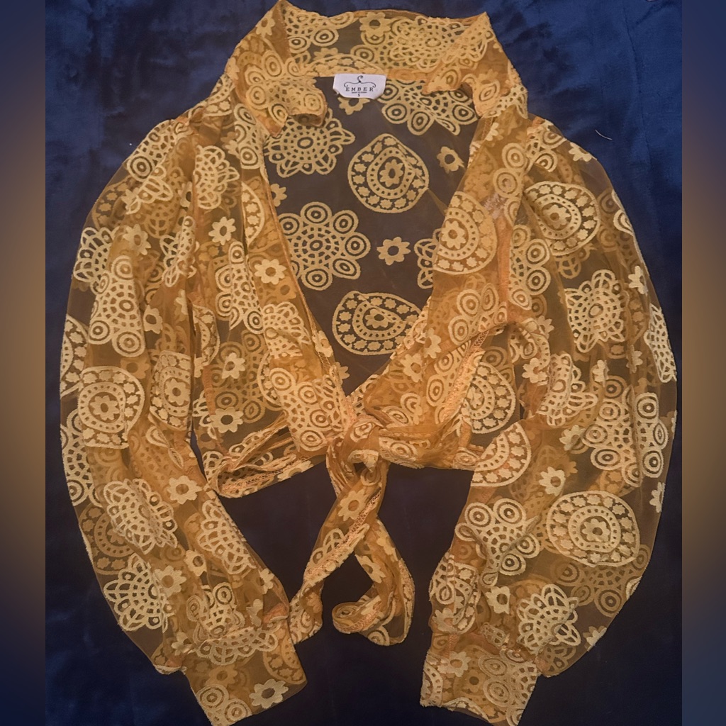 Ember Lace Sheer Floral Top Womens Size L Yellow Long Sleeve Y2k Hippy Boho
